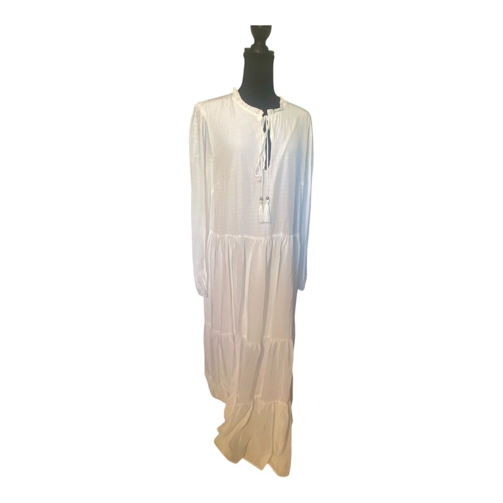 Twinset White Tiered Maxi Dress Long Sleeve Boho Ruffle Tie Neck 201LM2BNN XL